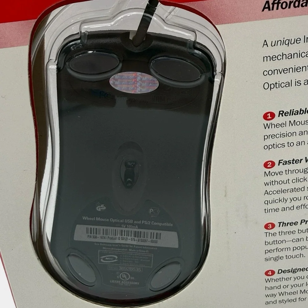 Microsoft Wheel Mouse Optical D66-00021 USB PS/2 Factory Sealed NOS Vintage